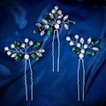 Three-piece silver bridal hair pins with emerald green crystals and clear rhinestones - Silver Green Rhinestone Style (HS-J6405SGREEN)