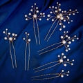 Detalle del set de 7 horquillas de novia con hojas doradas y perlas blancas en seda - Juego de 7 Piezas (HS-J7351G)