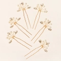 Detailed macro view of 6-piece bridal gold leaf hairpins with pearls and crystals - 6 Pieces Set (HS-J6485)