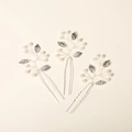 Detailed view of three-piece silver leaf hair pins with pearls for bridal hairstyles - 3 Pieces Set (HS-J6280S)