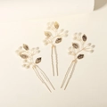 Macro detail of three handmade gold leaf bridal hair pins with pearls for wedding styling - 3 Pieces Set (HS-J6280G)