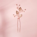 Detail of rose gold bridal hair pin featuring metallic leaves and delicate faux pearls - 1 Piece Rose Gold (HS-J6189)