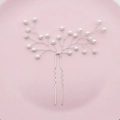 Detailed macro view of handmade bridal hair pins with white pearls and silver leaf wire branches - 1 Piece (HS-J5920S)