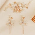 Handmade white acrylic flower bridal headpiece set with gold leaves and pearls - Gold Hairpin Set (HS-J7379G)