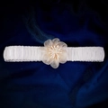 Elegant white lace bridal garter with soft apricot mesh flower on blue satin background - One Size / GS-J035 Style