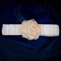 Elegant white satin bridal garter with ivory mesh flower and pearl detail on blue fabric - One Size / GS-J036 Style