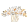 Peigne à cheveux mariée doré avec fleurs en émail blanc et cristaux pour mariage rétro - Or (HS-J2720G)