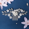 Detailed close-up of bridal hair comb with pearls, crystals and blue flowers - Light Blue Frosted Flower Style (HS-J6606S)