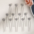 Set of 12 silver U-shaped hairpins with sunflower rhinestone designs for bridal hair - Silver Sunflower Style (HS-J3841S) / 12 Pieces / Silver