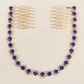 Détail du peigne à cheveux mariée avec strass bleu foncé sur une chaîne en métal doré - Peigne à Cheveux Continu Doré à Double Insertion 5 Dents (HS-J5897GBLUE)