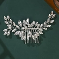 Sparkling silver leaf bridal hair comb with marquise rhinestones on a dark background - Feather Bifurcated Leaf Style (HS-J7152S)