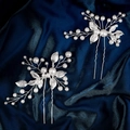 Forcine per capelli da sposa argentate con perle e foglie su elegante raso blu - Forcina a forma di U / Argento