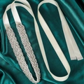 Silver rhinestone bridal sash belt with ivory ribbon and sparkling crystal weaving - White (WS-J107)