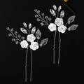 Elegant pair of white clay flower hair pins with crystals and silver leaves - Silver White Flower Hair Pins Pair (HS-J7294S)