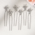 Set of six silver U-shaped hair pins with sparkling rhinestone star flower design - Silver Five-Petal Marquise Flower Style (HS-J4719)