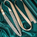 Champagne bridal sash with hand-sewn silver rhinestones on a green silk background - Pink (WS-J107PINK)