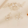 3-piece white flower bridal hair clip set with pearls and rhinestones on beige fabric - Silver Hairpin Set (HS-J7379S)