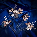 Handmade bridal hair accessories set with gold leaves and pearls on navy blue fabric - Set of Four (HS-J7408G)