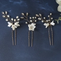 Three-piece gold flower bridal hair pins with white pearls and sparkling crystals - Gold Flower 3-Piece Set (HS-J6649G)