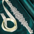 Handmade bridal belt with silver rhinestones on ivory satin ribbon for wedding dress - Silver (WS-J205S)