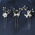 Set of 3 white polymer clay flower hair pins with pearls and crystals for weddings - Hs-j6649s