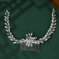 Elegant silver bridal hair comb with sparkly rhinestone leaf and flower design - Symmetrical Flower and Leaf Style (HS-J5757)