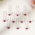Set of 10 silver bridal hair pins with fuchsia rose flowers and clear rhinestones - Red Rose Flower Style (HS-J6513RED)
