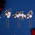 Three-piece bridal hair pin set with white clay flowers, pearls and golden wire - Hs-j7021g