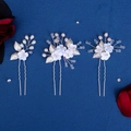 Three-piece set of bridal flower hair pins with white resin petals and silver leaf accents - Hs-j7021s