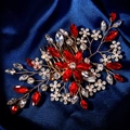 Elegant gold bridal hair comb with red rhinestones and pearls on blue silk - Red Marquise Floral Style (HS-J6435GHRED) / Red