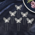 Elegant set of 6 silver butterfly hair pins with sparkling rhinestones and pearls - Silver Hollow Butterfly Artificial Pearl Style (HS-J6540S)