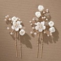 Handmade white clay flower and pearl hair pins set with gold accents for bridal styling - 2-Piece Flower Hair Fork Set (HS-J6181)