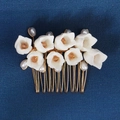 Handmade bridal hair comb with white clay flowers and blue pearls on gold wire - Hs-j6593g