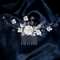 Handmade white ceramic flower hair comb with silver leaves and crystals for brides - Hs-j7236s