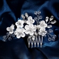 Handmade bridal hair comb with white clay flowers and sparkling rhinestones on silver wire - Hs-j7244s