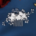 Handmade bridal hair comb with white resin flowers and pearls on silver metal base - Handmade Beaded Bridal Hair Comb (HS-J6592S) / Silver