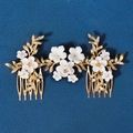 Elegant bridal hair comb with gold metal frame, white ceramic flowers and rhinestones - Korean Gold Flower Cluster Hair Comb (HS-J6745G)