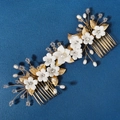 Handmade bridal hair comb set with white clay flowers, pearls and golden leaves - Hs-j6746g