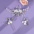 Elegant bridal hair set with white clay flowers, pearls and crystals on silver hair pins - Zuhe-363