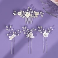 Bridal hair accessory set with white clay flowers, pearls, and crystals on silver wire - Silver 4-Piece Hair Accessory Set (ZUHE-194S)