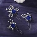 Detailansicht der blauen Tonblumen-Haarnadeln mit Perlen und Kristallen auf Silberdraht - Blaue Rosenform / Blau (HS-J7459SBLUE)