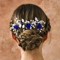 Exquisite bridal hair vine with navy blue roses, silver leaves and white pearls decoration - Blue Hs-j7083sblue