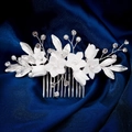 Silver bridal hair comb with white handmade flowers and sparkling pearl rhinestones - Hs-j7358s