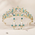Exquisite gold bridal crown and earrings set with crystal rhinestones and blue gemstones - Gold Blue Gemstone Rhinestone Set (TS-J3118GBLUE)