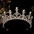 Elegant gold baroque tiara featuring sparkling rhinestones and teardrop pearl accents - Gold Elegant Vintage Pearl Style (TS-J3142G)