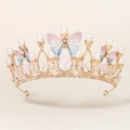 Golden butterfly crown with pink-blue tulle accents and sparkling crystals for parties - Gold Dreamy Tulle Butterfly Style (TS-J2935)