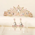Luxurious gold crown and matching earring set with pink rhinestones for princess parties - Gold Pink Gemstone Jewelry Set (TS-J2882)