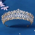 Golden baroque tiara with sparkling crystal teardrops for princess birthday and bridal wear - Gold Luxurious Waterdrop Crystal Style (TS-J3208G)