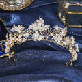 Elegant golden bridal tiara with white flowers, butterflies, pearls and rhinestones - Gold Dreamy Forest Butterfly Pearl (TS-J2934)