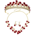 Goldenes Brautschmuck-Set mit roten Rosen, Krone, Halskette und Ohrringen für Hochzeiten - Rote Rose Krone Halskette und Ohrringe Set (ZUHE-006)
